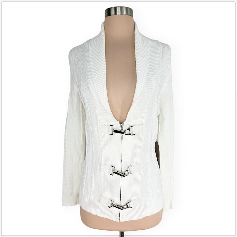 Kenar White Cableknit Zip Front Silver Metal Clasp Cardigan Sweater NWT NEW S